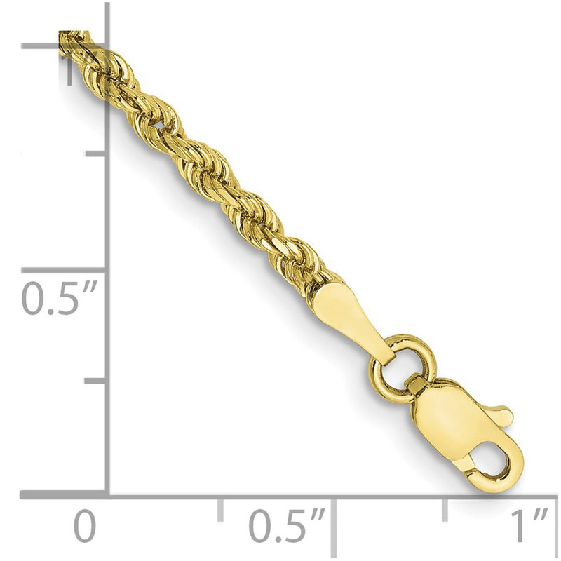 8 Inch 10K Yellow Gold 2.5mm Semi-Solid D/C Rope Chain Bracelet