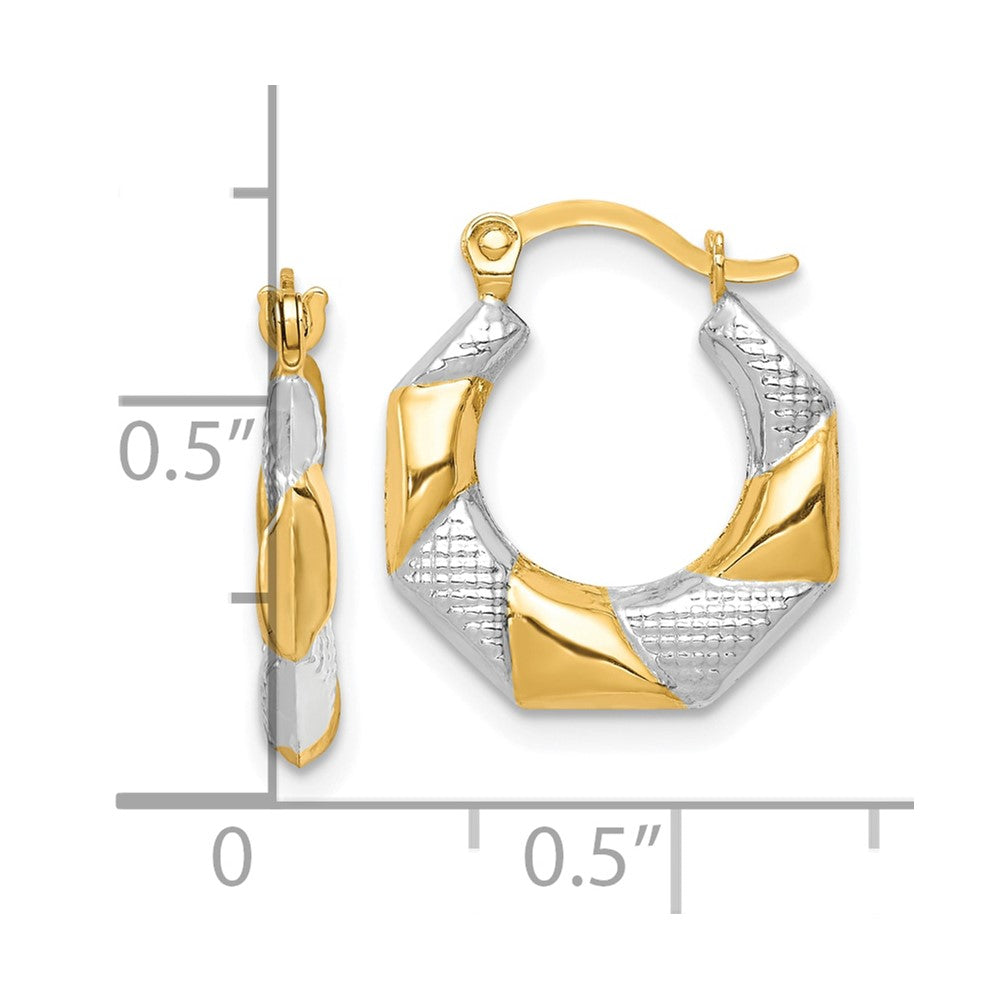 10K Yellow W/Rhodium And White Rhodium Scalloped Hollow Hoop Earrings