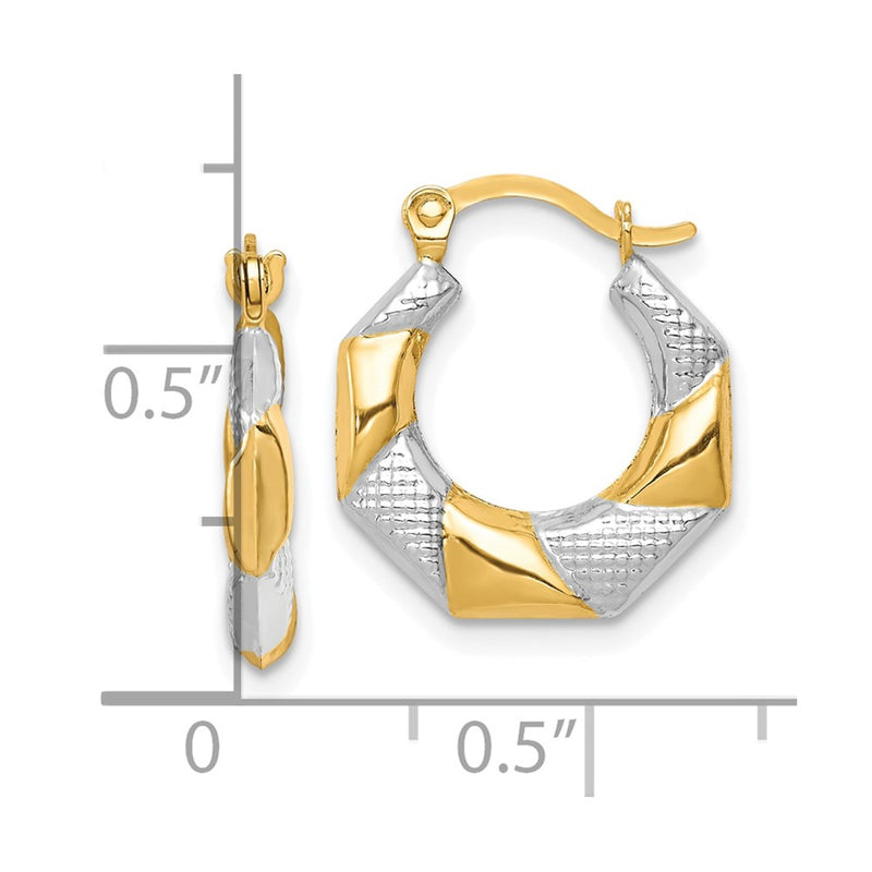 10K Yellow W/Rhodium And White Rhodium Scalloped Hollow Hoop Earrings