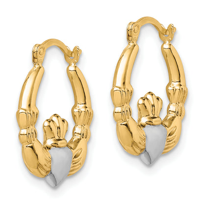 10K Yellow W/Rhodium & Rhodium Claddagh Hollow Hoop Earrings