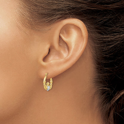 10K Yellow W/Rhodium & Rhodium Claddagh Hollow Hoop Earrings