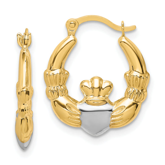 10K Yellow W/Rhodium & Rhodium Claddagh Hollow Hoop Earrings