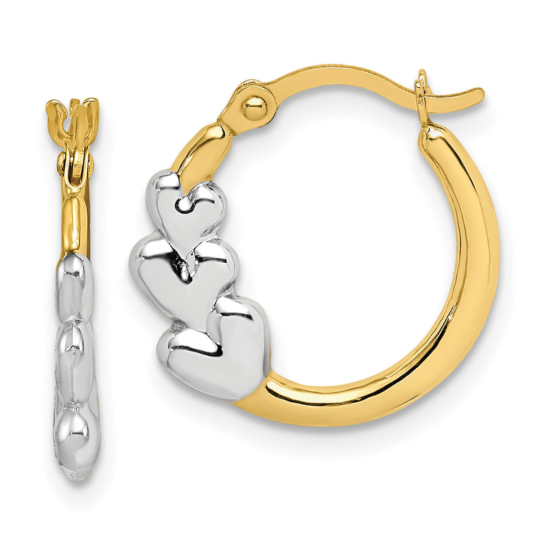 10K Yellow W/Rhodium And Rhodium Hearts Hollow Hoop Earrings