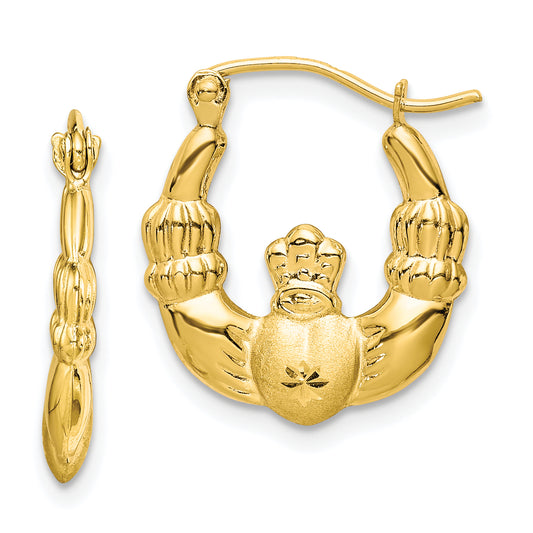 10K Yellow Gold Polished & Satin Claddagh Hoop Earrings