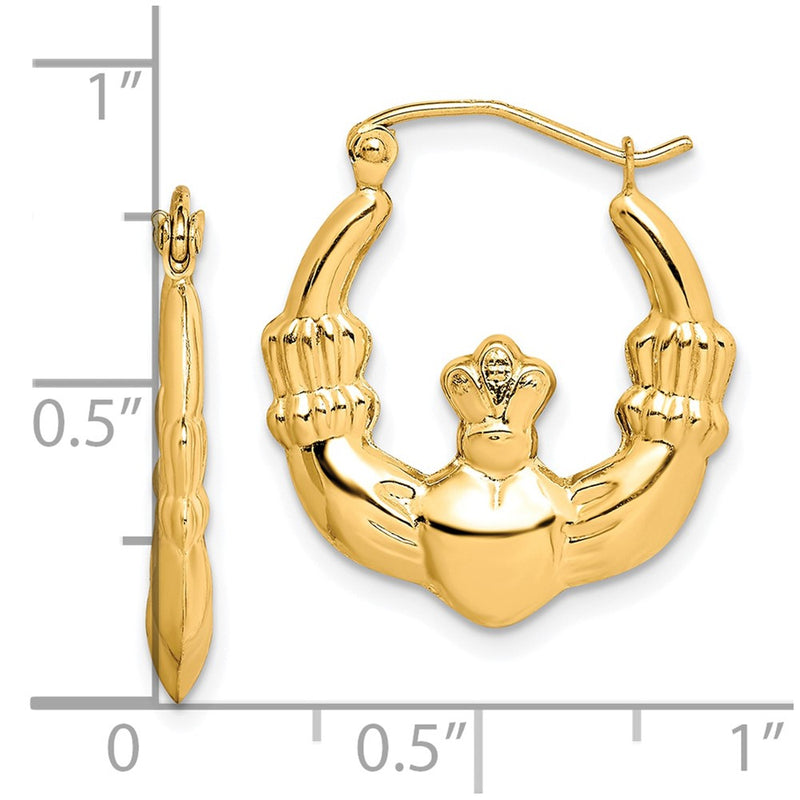 10K Yellow Gold Polished Claddagh Hoop Earrings