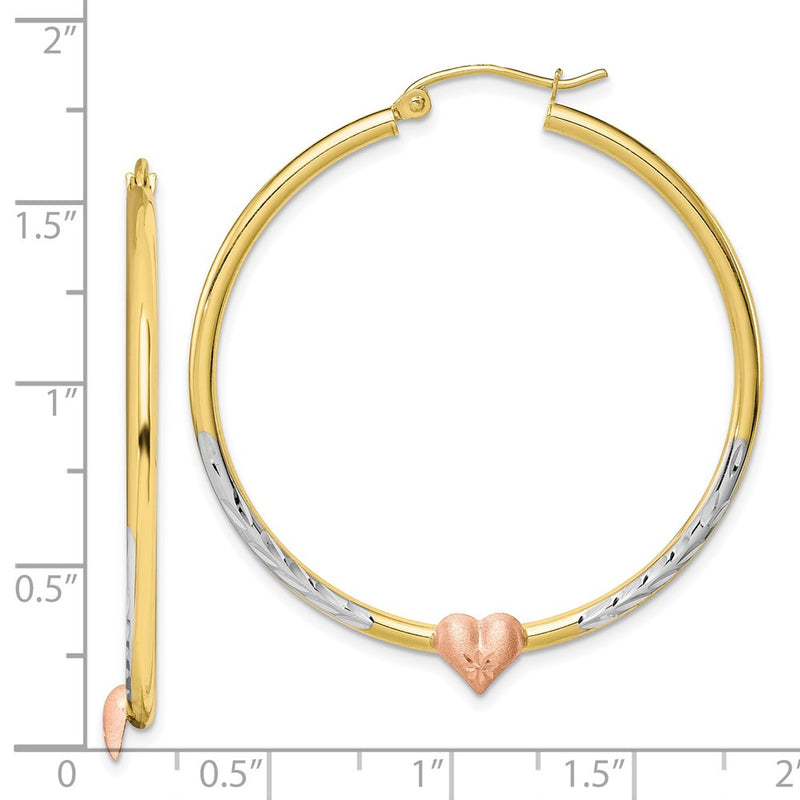 10K Two-Tone & White Rhodium D/C Heart Hoop Earrings