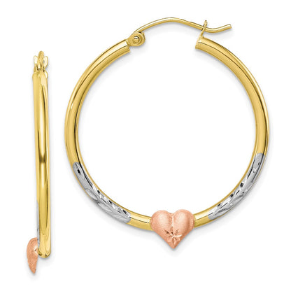 10K Two-Tone And White Rhodium Diamond Cut Heart Hoop Earrings