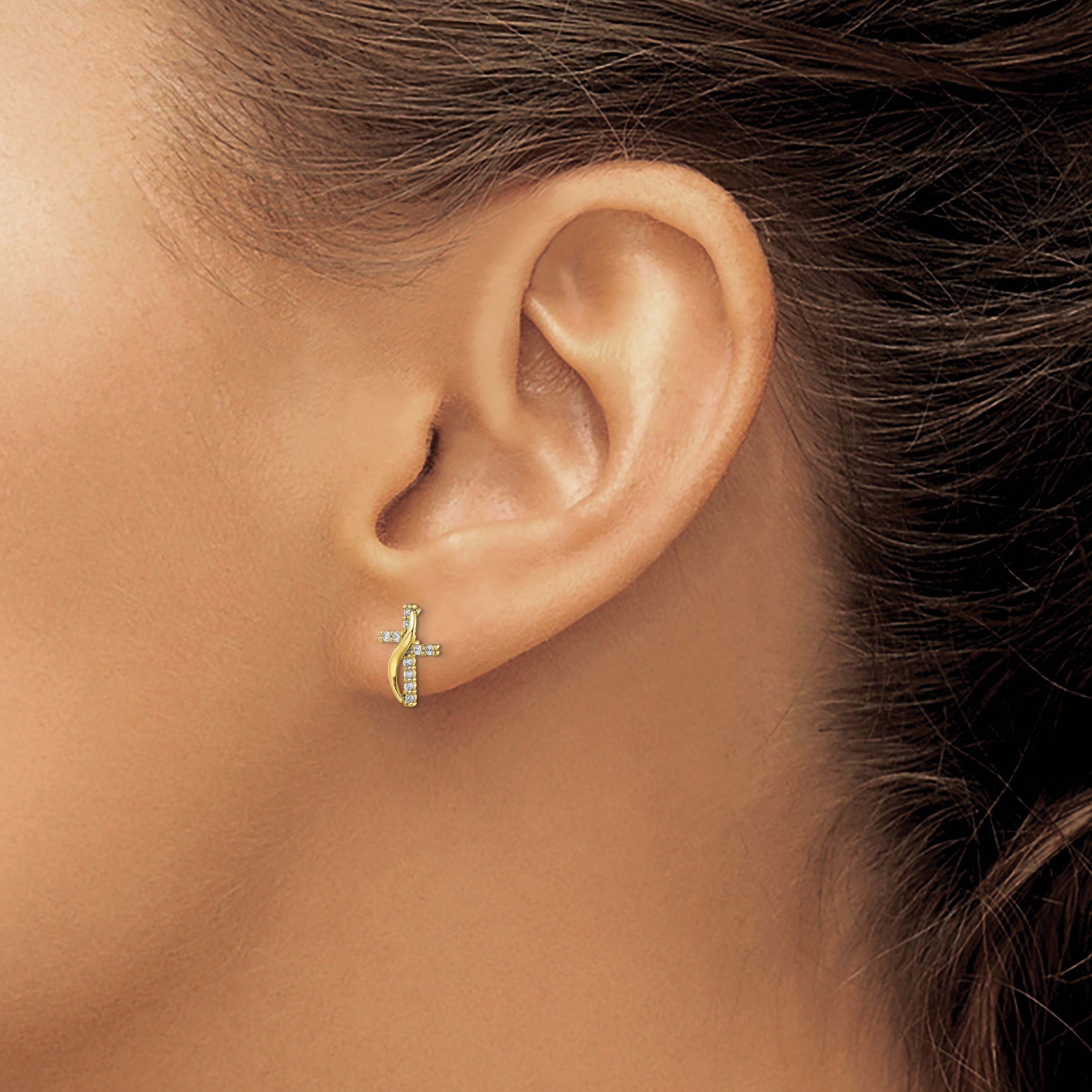 10K Yellow Gold Cz Cross Post Earrings