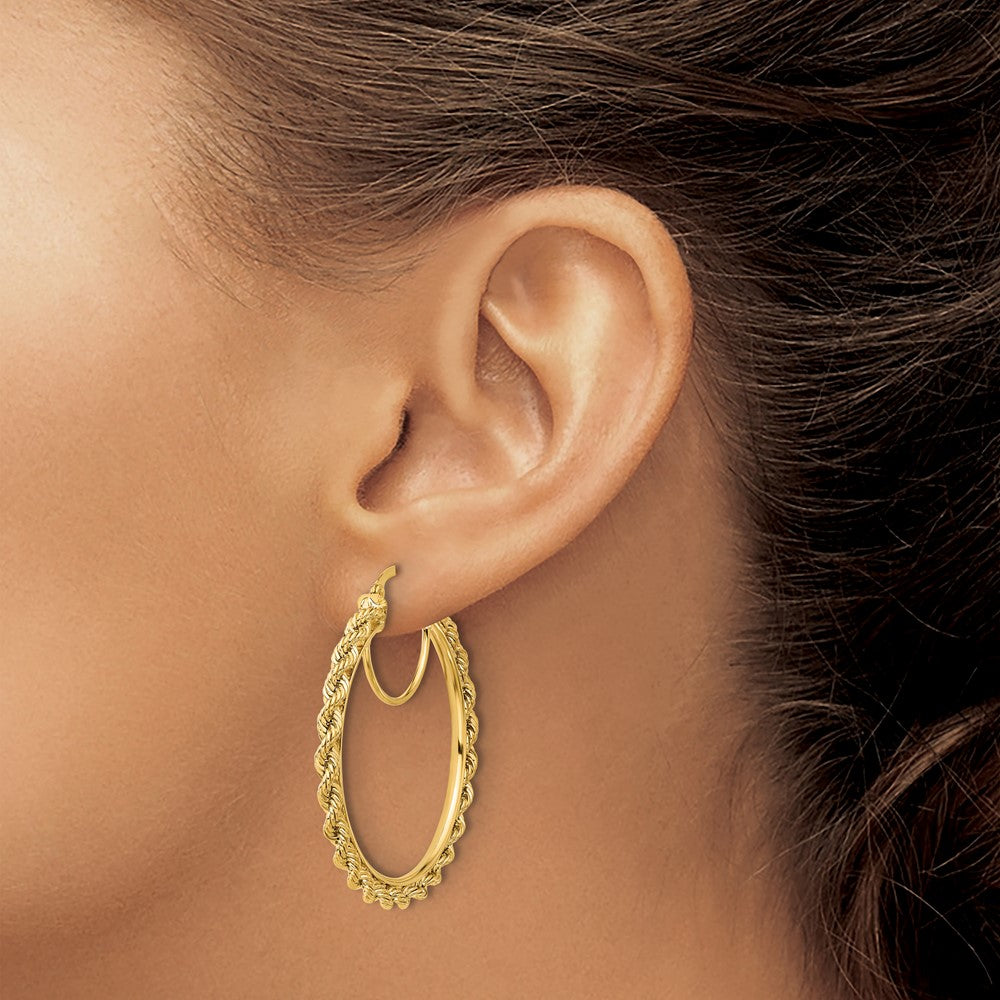 10K Yellow Gold Polished And D/C Rope 2.95mm Hoop Earrings
