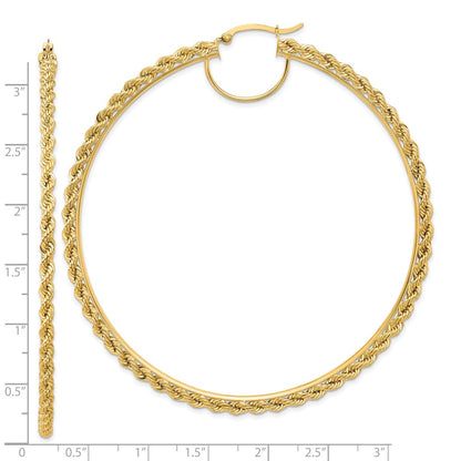 10K Yellow Gold Polished And D/C Rope 2.95mm Hoop Earrings