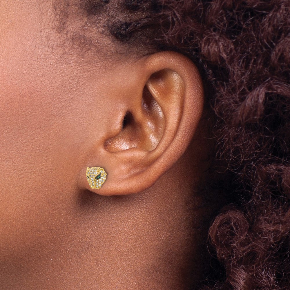 10K Yellow Gold 10K Polished Clear & Green Cz Lioness Head Post Earrings