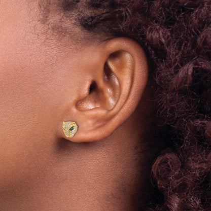 10K Yellow Gold 10K Polished Clear & Green Cz Lioness Head Post Earrings