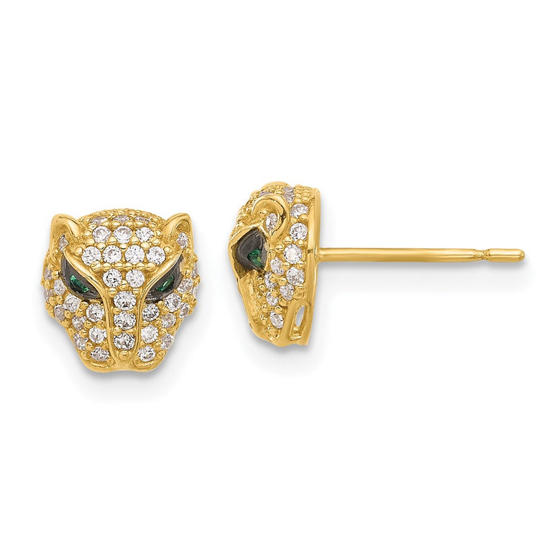 10K Yellow Gold 10K Polished Clear & Green Cz Lioness Head Post Earrings