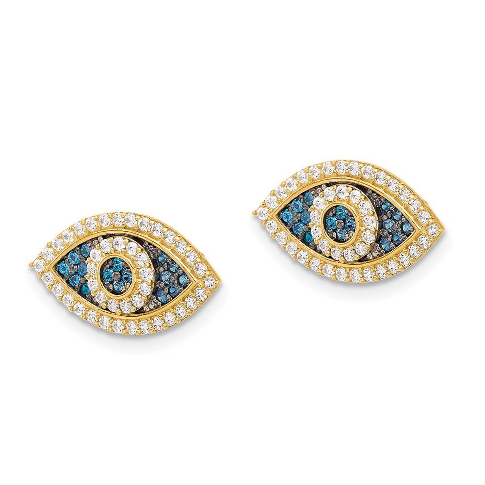 10K Yellow Gold 10K Polished Blue & Clear Cz Evil Eye Post Earrings
