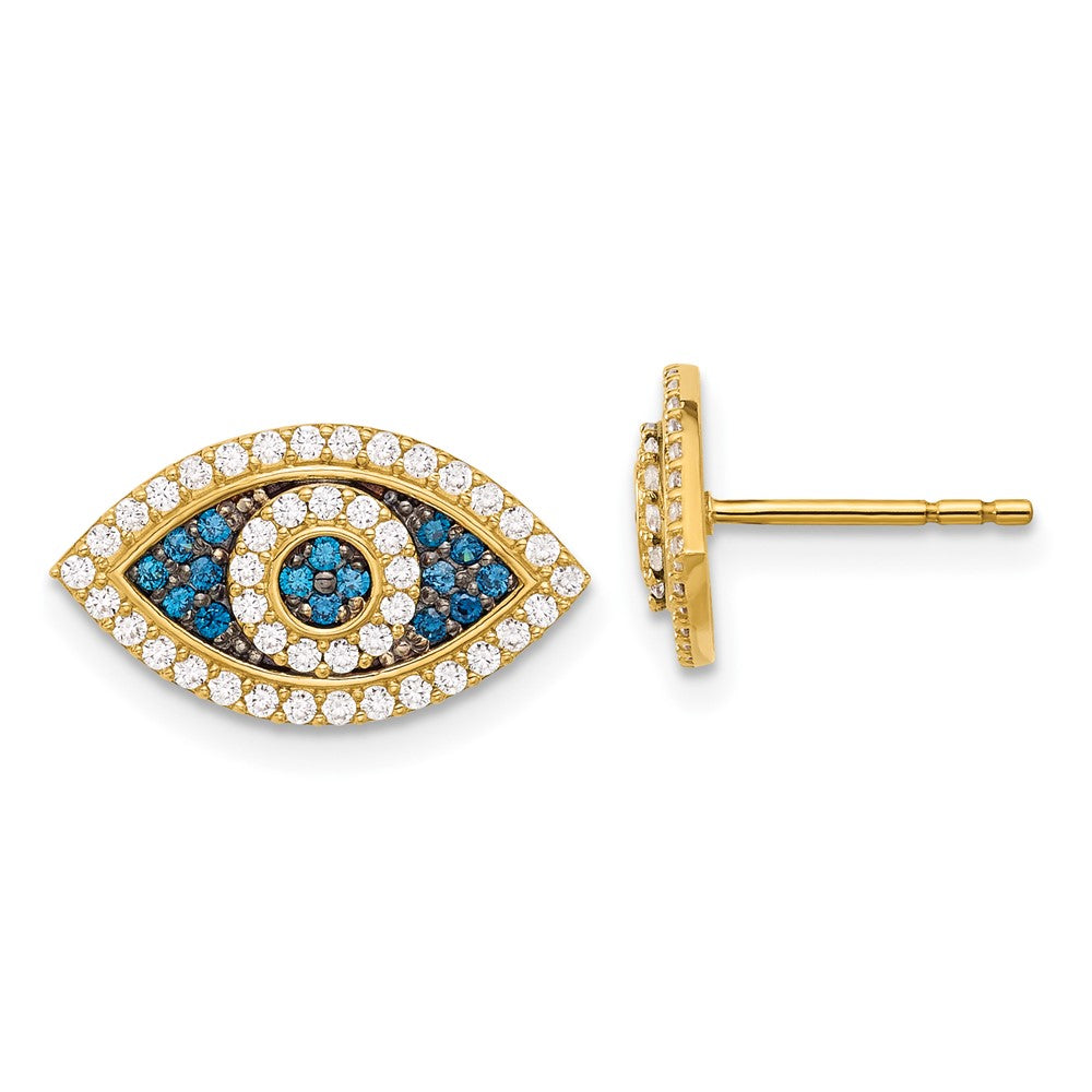 10K Yellow Gold 10K Polished Blue & Clear Cz Evil Eye Post Earrings