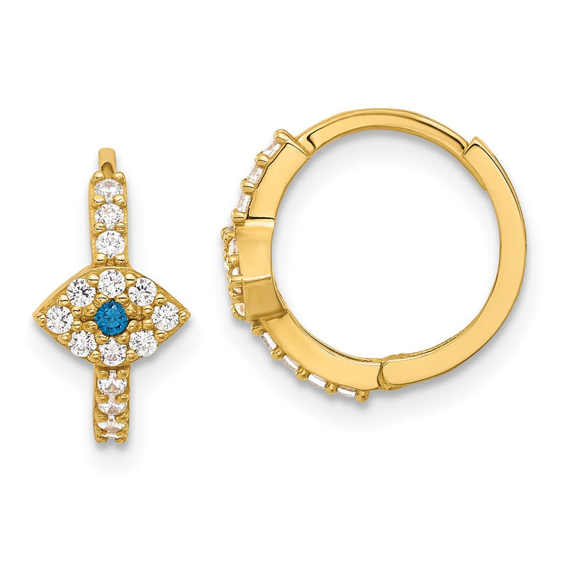 10K Yellow Gold 10K Polished Clear & Blue Cz Evil Eye Hinged Hoop Earrings