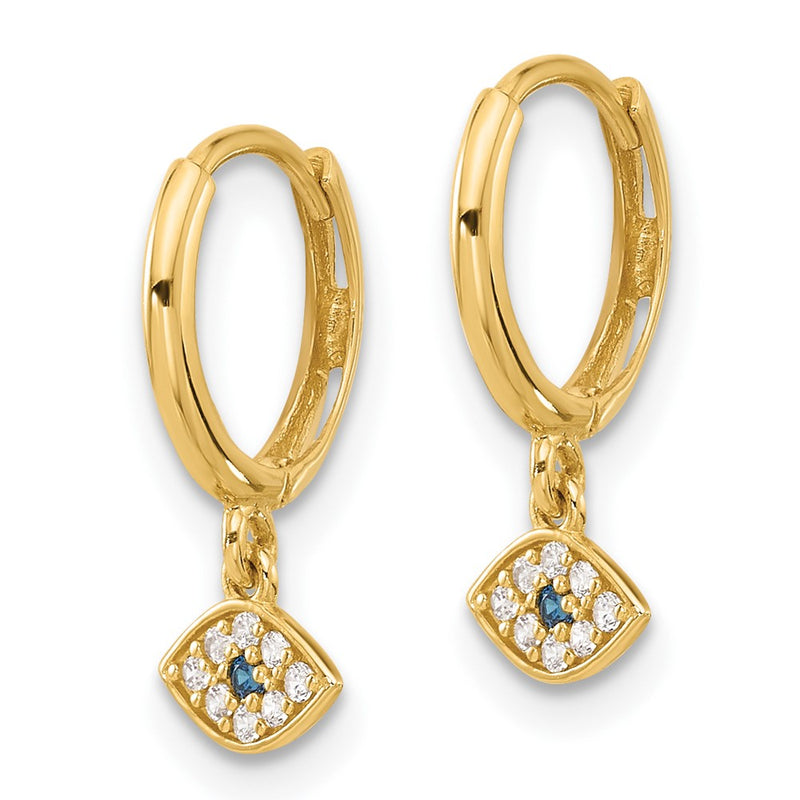 10K Yellow Gold 10K Polished Clear & Blue Cz Dangle Evil Eye Hinged Hoop Earrings