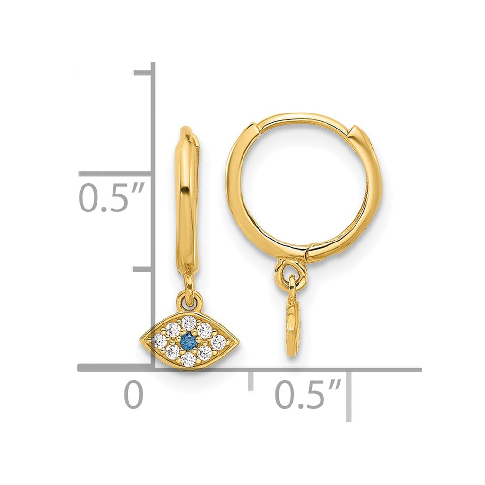 10K Yellow Gold 10K Polished Clear & Blue Cz Dangle Evil Eye Hinged Hoop Earrings