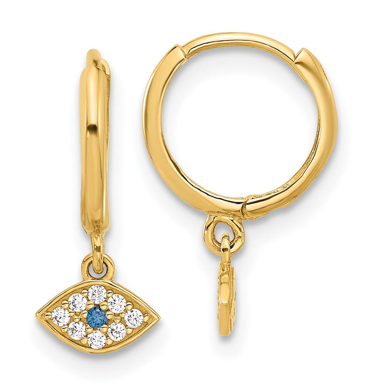 10K Yellow Gold 10K Polished Clear & Blue Cz Dangle Evil Eye Hinged Hoop Earrings