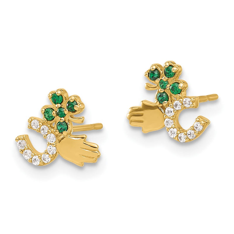 10K Yellow Gold 10K Polished Green & Clear Cz Good Luck Post Earrings