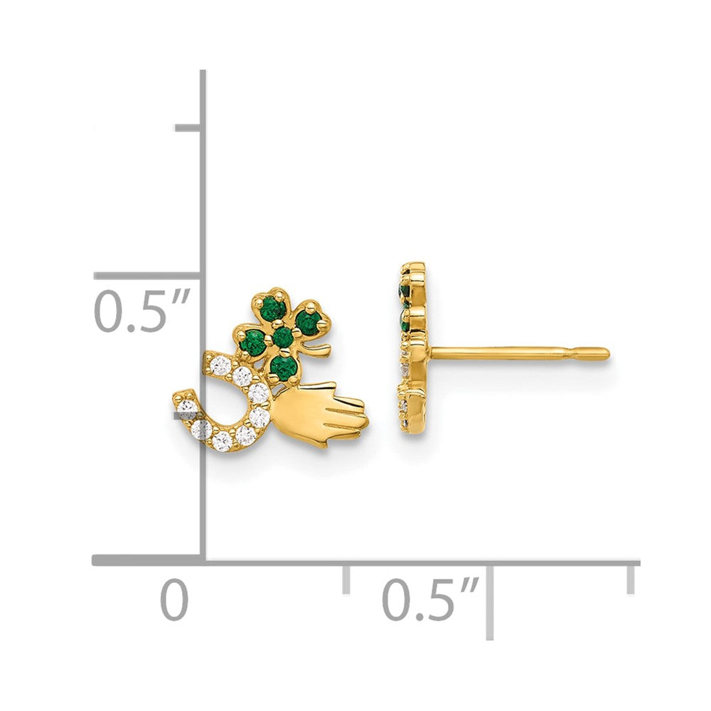 10K Yellow Gold 10K Polished Green & Clear Cz Good Luck Post Earrings