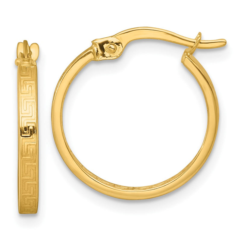10K Yellow Gold Polished 1.75 X 17mm Greek Key In/Out Square Tube Hoop Earrings