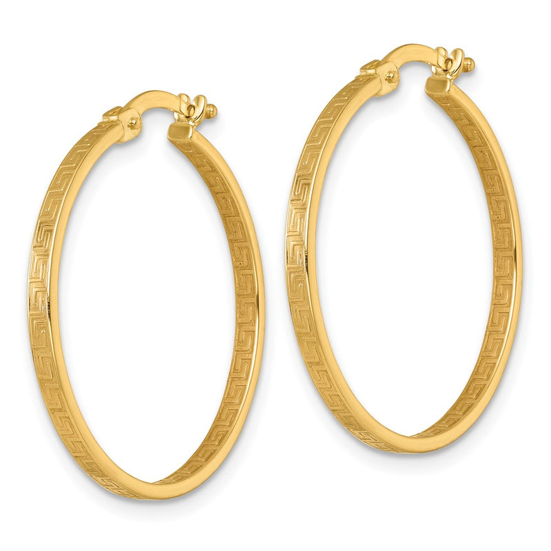 10K Yellow Gold Polished 1.75 X 27mm Greek Key In/Out Square Tube Hoop Earrings