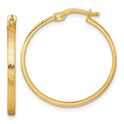 10K Yellow Gold Polished 1.75 X 27mm Greek Key In/Out Square Tube Hoop Earrings