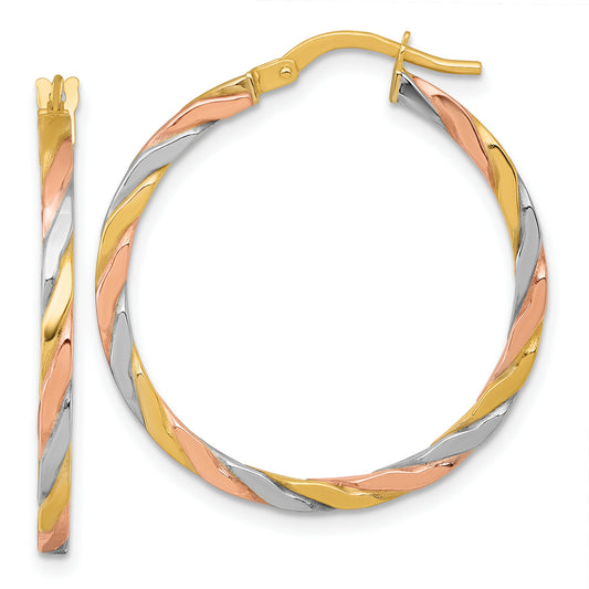 10K Yellow W/Rhodium 10K With Rose And White Rhodium Polished Twisted 2.00 X 28mm Tube Hoop Earrings