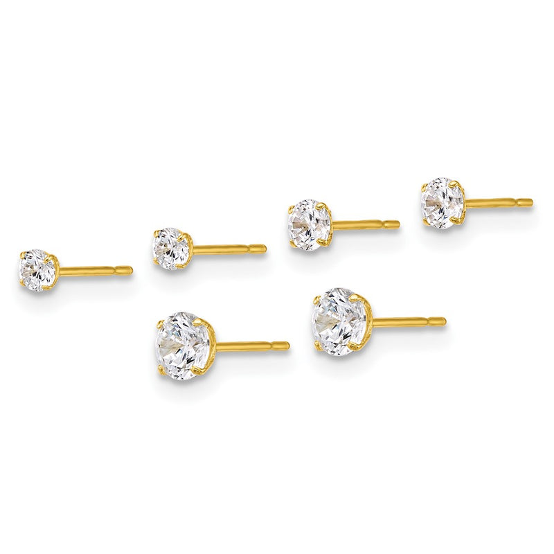 10K Yellow Gold Polished Cz Round 2.5mm 3.00mm And 4.00mm Set Of 3 Pair Stud Post Earrings
