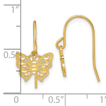 10K Yellow Gold Polished And Diamond-Cut Pierced Butterfly Shepherd Hook Dangle Earrings