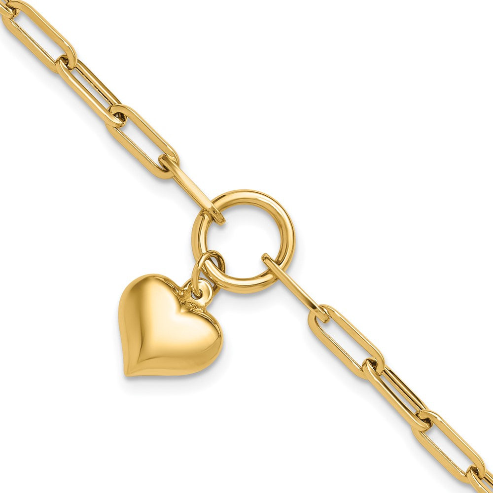 10K Yellow Gold Polished Puff Heart Paper Clip Link Chain Bracelet
