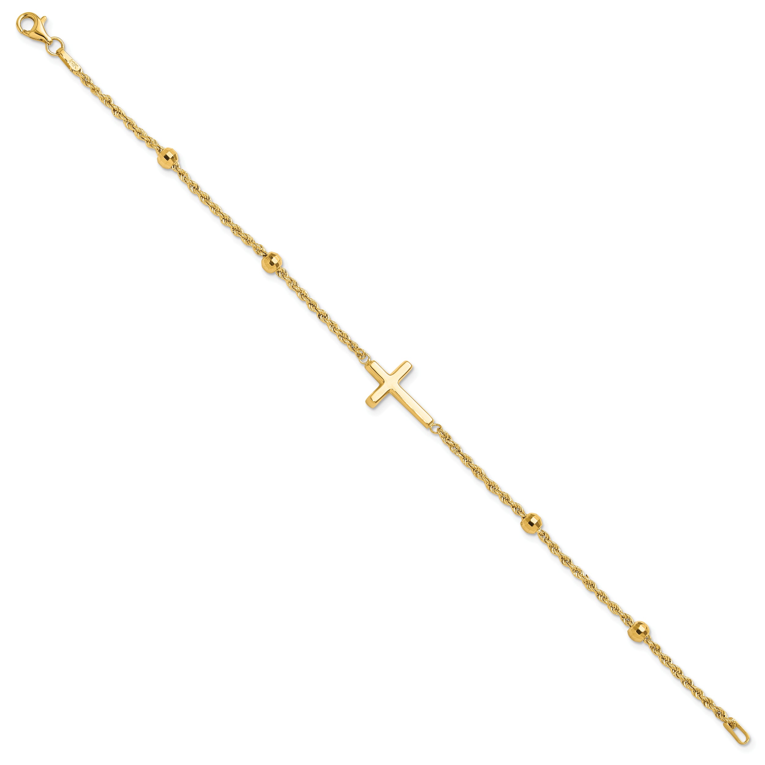 10K Yellow Gold D/C Beaded Cross 7.5In Bracelet