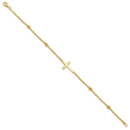 10K Yellow Gold D/C Beaded Cross 7.5In Bracelet