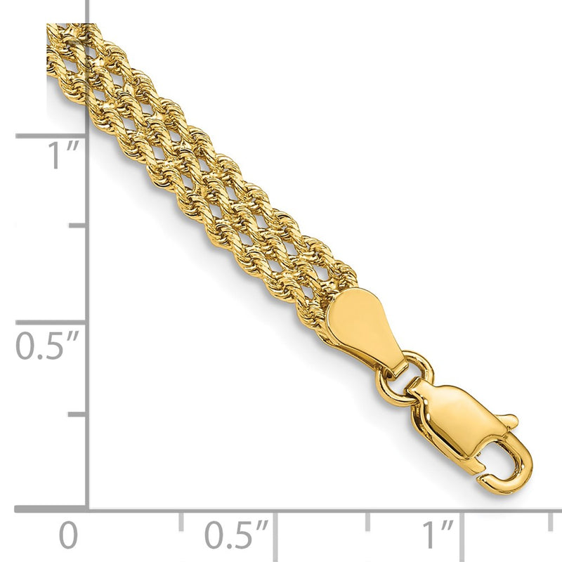 10k Yellow Gold 4.5mm Wide Triple Strand Rope Chain Bracelet