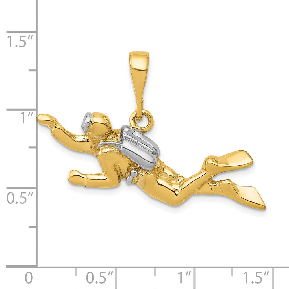 10K Yellow W/Rhodium & Rhodium Polished Open-Backed Scuba Diver Pendant