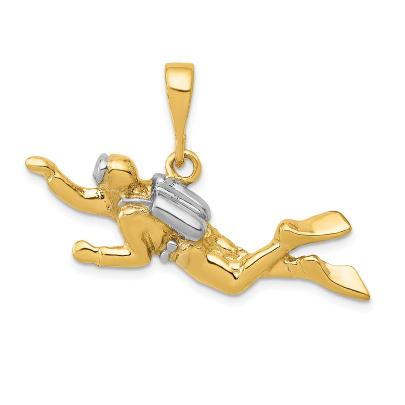 10K Yellow W/Rhodium & Rhodium Polished Open-Backed Scuba Diver Pendant