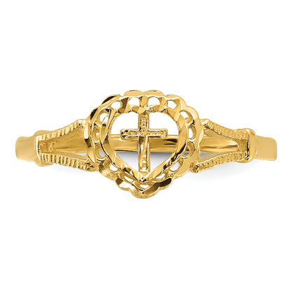 10K Yellow Gold 10K Diamond-Cut Childs Heart & Cross Ring