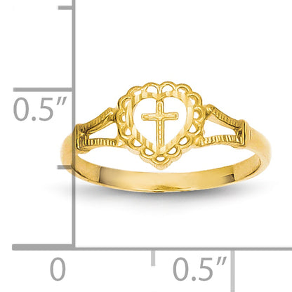 10K Yellow Gold 10K Diamond-Cut Childs Heart & Cross Ring