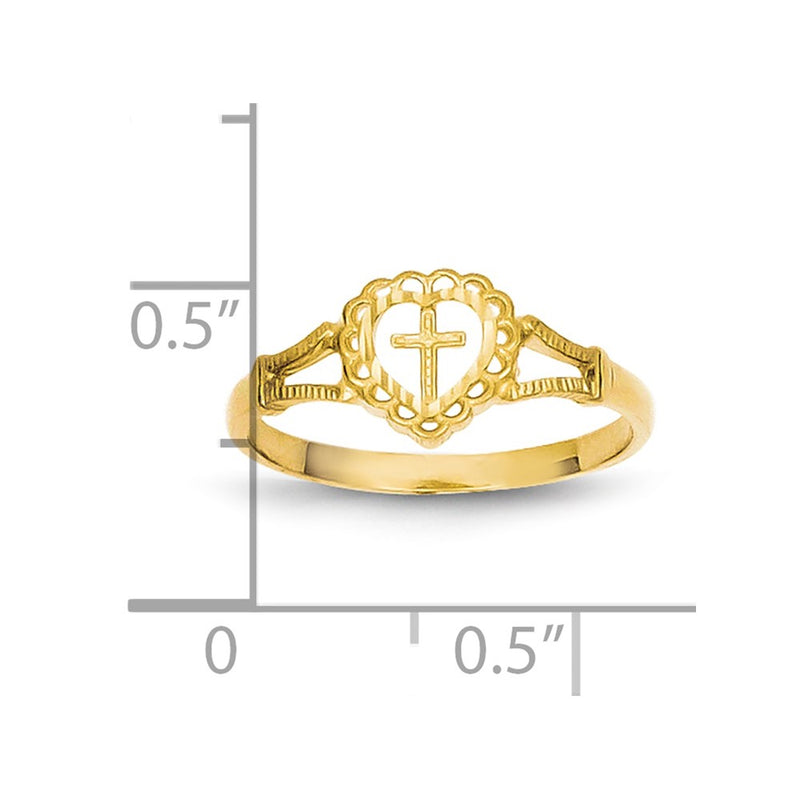 10K Yellow Gold 10K Diamond-Cut Childs Heart & Cross Ring