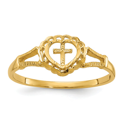 10K Yellow Gold 10K Diamond-Cut Childs Heart & Cross Ring
