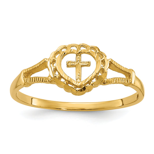10K Yellow Gold 10K Diamond-Cut Childs Heart & Cross Ring