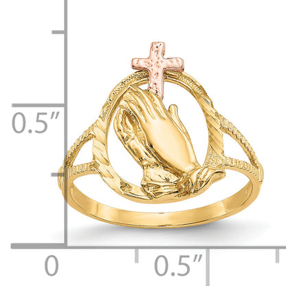 10K Two-Tone 10K Diamond Cut Praying Hands Cross Ring