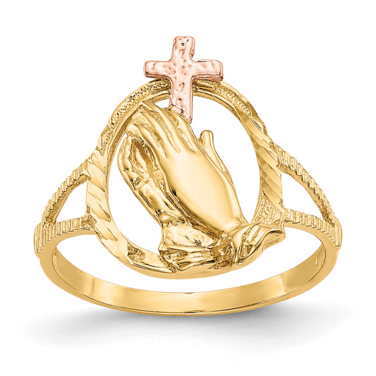 10K Two-Tone 10K Diamond Cut Praying Hands Cross Ring