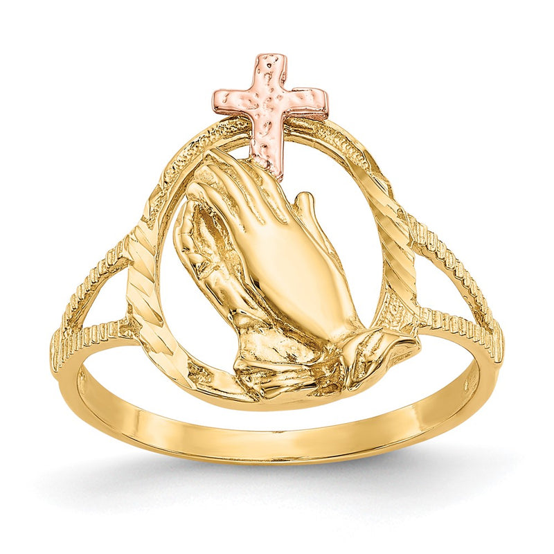 10K Two-Tone 10K Diamond Cut Praying Hands Cross Ring