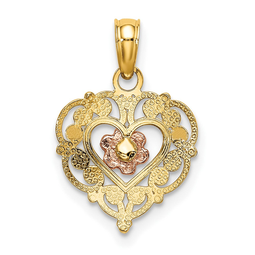 10K Two-Tone 10K Polished Flower In Fancy Border Heart Pendant