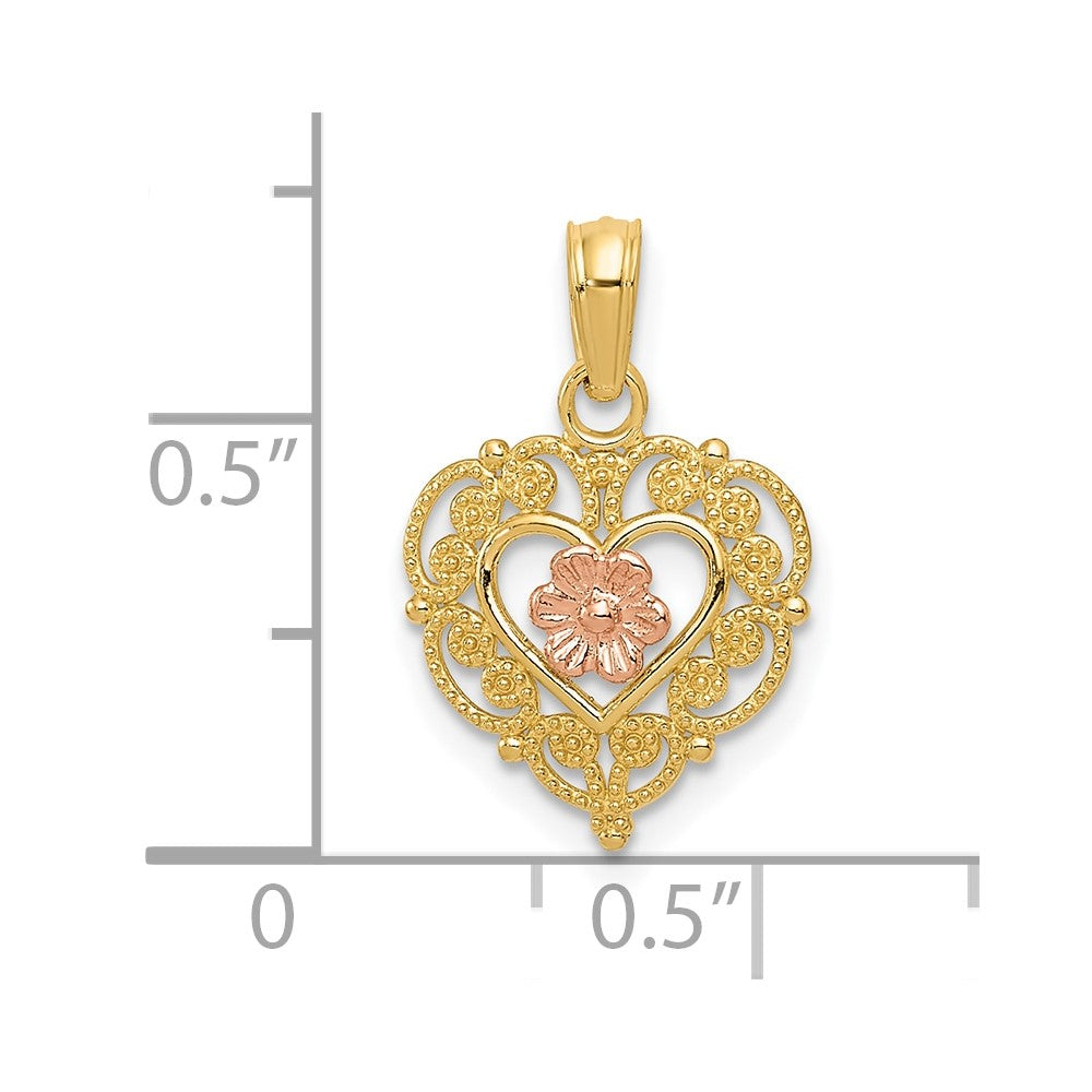 10K Two-Tone 10K Polished Flower In Fancy Border Heart Pendant