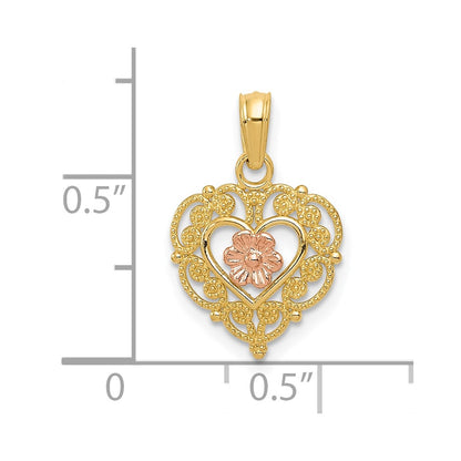 10K Two-Tone 10K Polished Flower In Fancy Border Heart Pendant