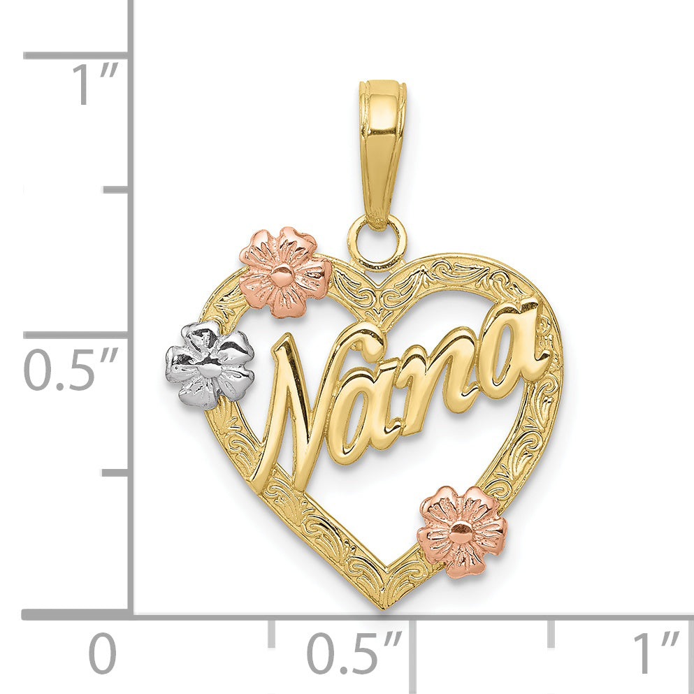 10K Tri Color 10K Tri-Color Nana In Heart With Flowers Pendant
