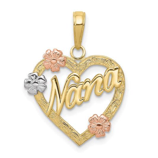 10K Tri Color 10K Tri-Color Nana In Heart With Flowers Pendant